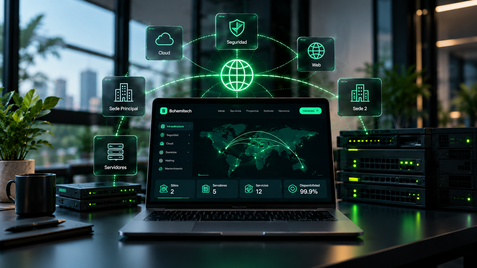 Infraestructura digital conectada para web, cloud, seguridad, servidores y sedes empresariales